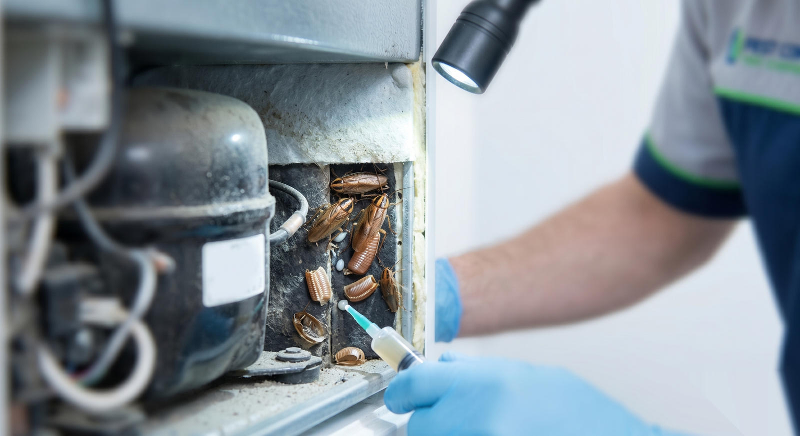 Parker Pest Pro licensed technician treating cockroach infestation in Northern California commercial kitchen